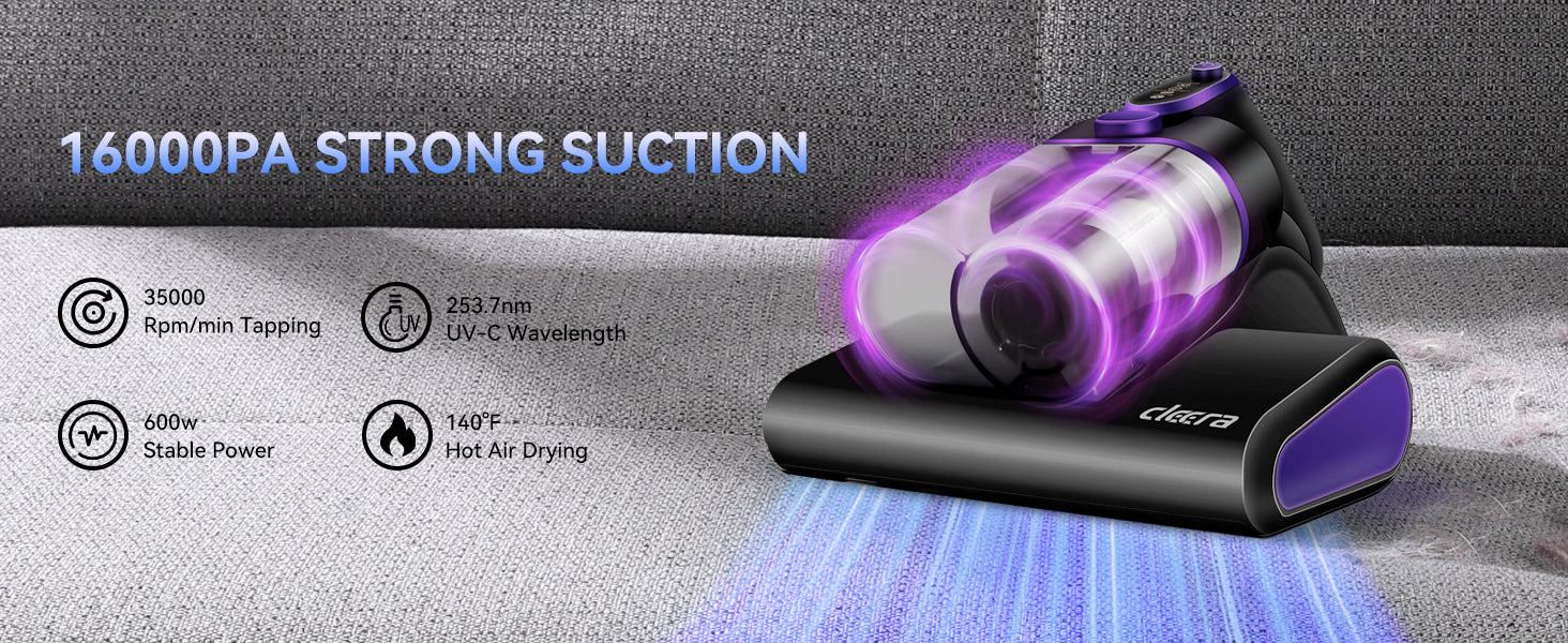 Cleera Mattress Vacuum Cleaner,16KPa Suction Bed/Couch Vacuum, 253.7nm UV-C 140°F Heating HEPA Filter,600W Pet Hair Remover for Mattress/Sofa/Crib