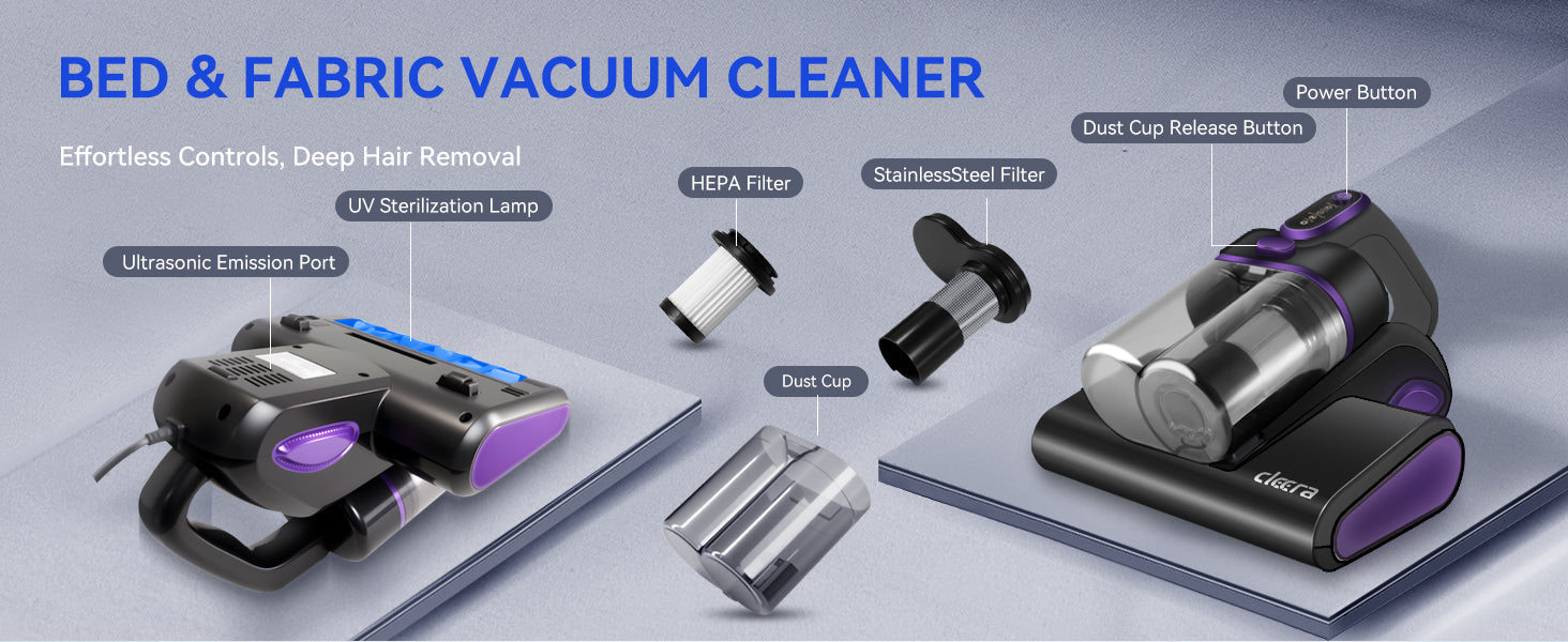 Cleera Mattress Vacuum Cleaner,16KPa Suction Bed/Couch Vacuum, 253.7nm UV-C 140°F Heating HEPA Filter,600W Pet Hair Remover for Mattress/Sofa/Crib